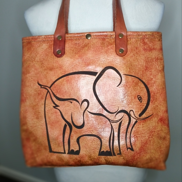 Handbags - Handmade Leather Tote Bag with Painted Elephant Detail